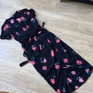 Black floral wrap dress